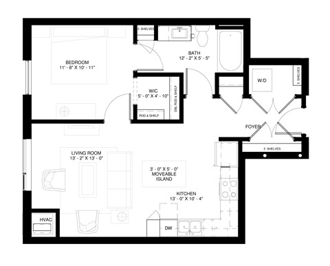 Floor plan for 1 bed, 1 bath, 714 sqft